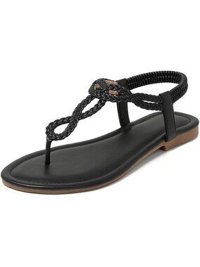 🆕 Women's Black Braided T-Strap Flat Sandals Summer Boho Beach Casual Shoes
